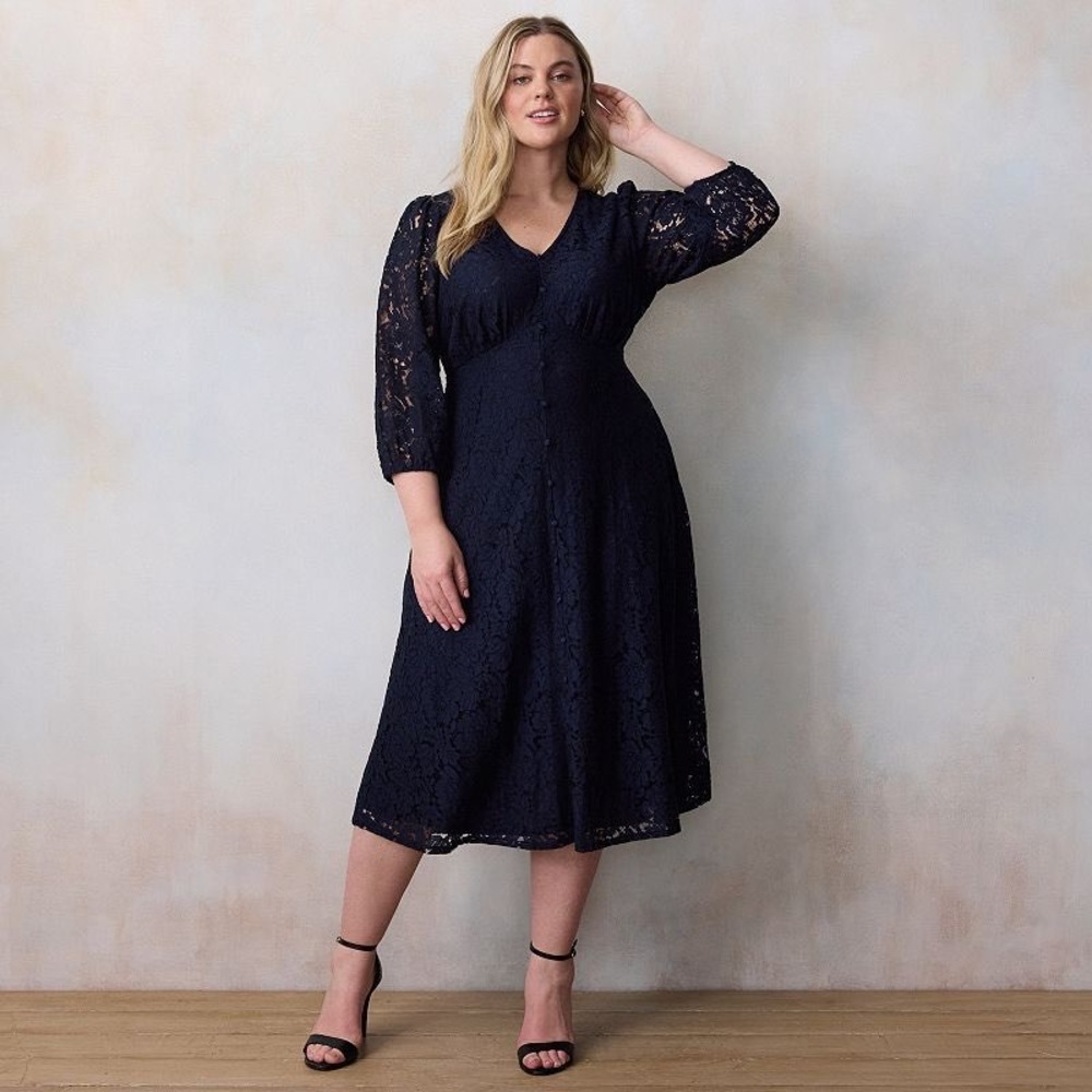 LC Lauren Conrad Navy Blue Lace Button Front Midi Dress XL Embroidered Church